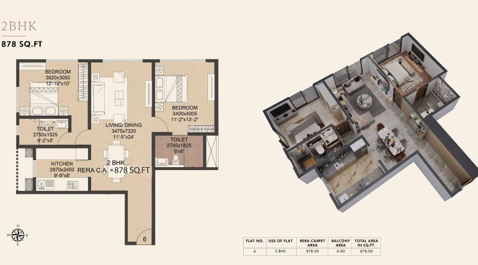 La Mer-Residence-Floor-Plan-2 BHK- 878 Sqft